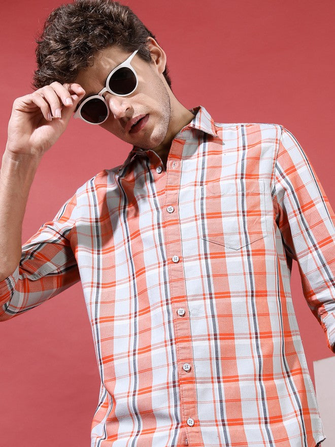 Highlander Men Orange Checked Slim Fit Casual Shirt - Orange - Image 1