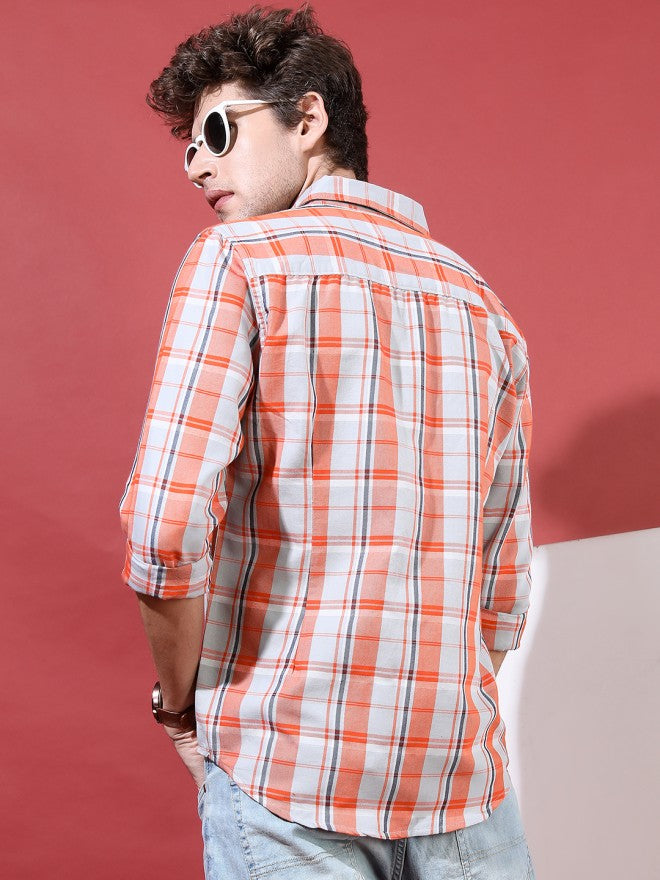 Highlander Men Orange Checked Slim Fit Casual Shirt - Orange - Image 3