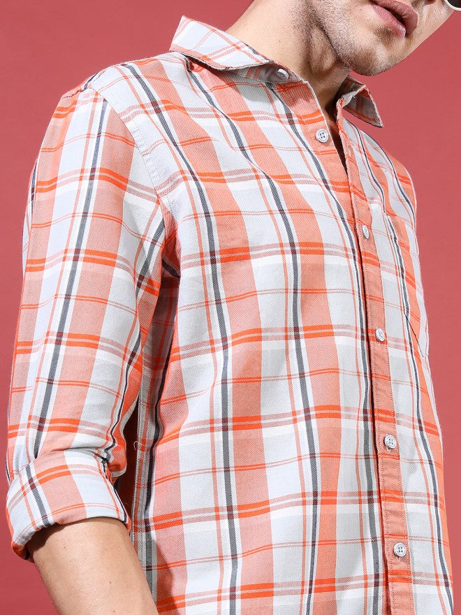 Highlander Men Orange Checked Slim Fit Casual Shirt - Orange - Image 4