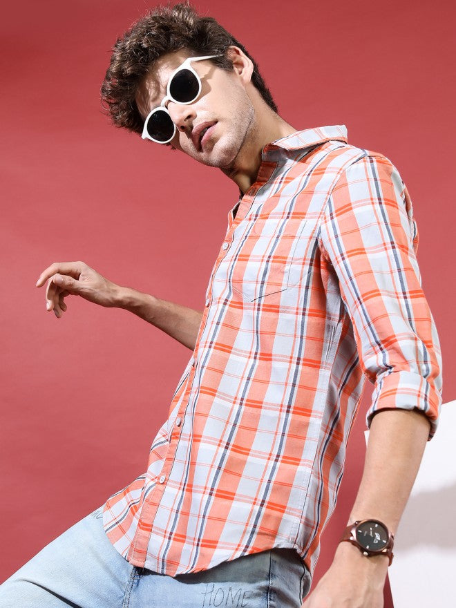 Highlander Men Orange Checked Slim Fit Casual Shirt - Orange - Image 5