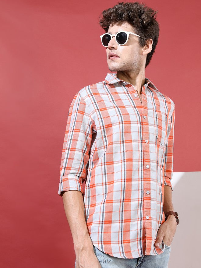 Highlander Men Orange Checked Slim Fit Casual Shirt - Orange - Image 6