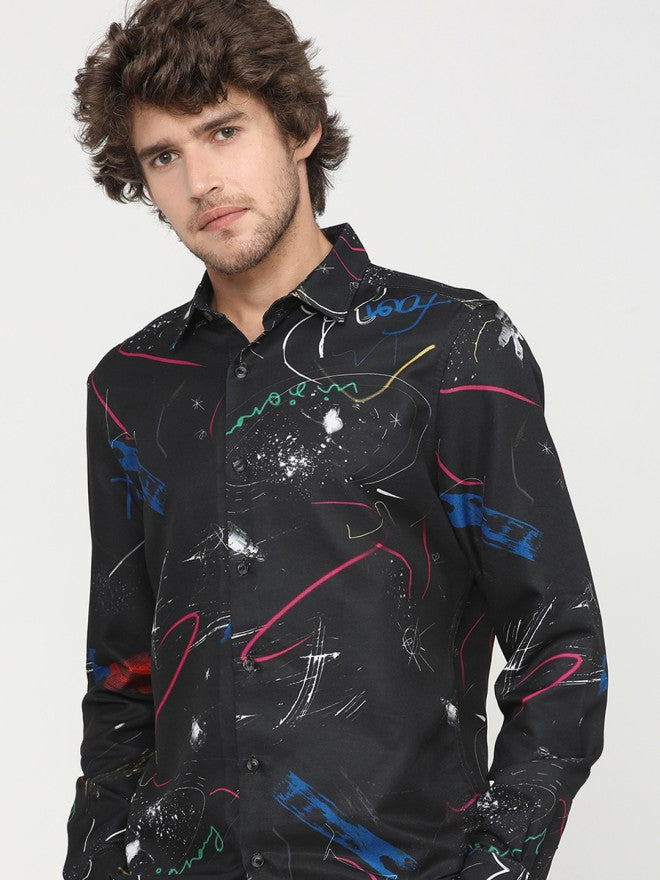 Highlander Men Black Printed Slim Fit Casual Shirt - Black - Image 1