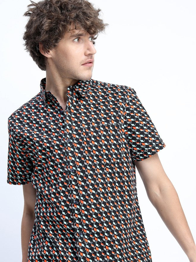 Highlander Men Black Printed Slim Fit Casual Shirt - Black - Image 1