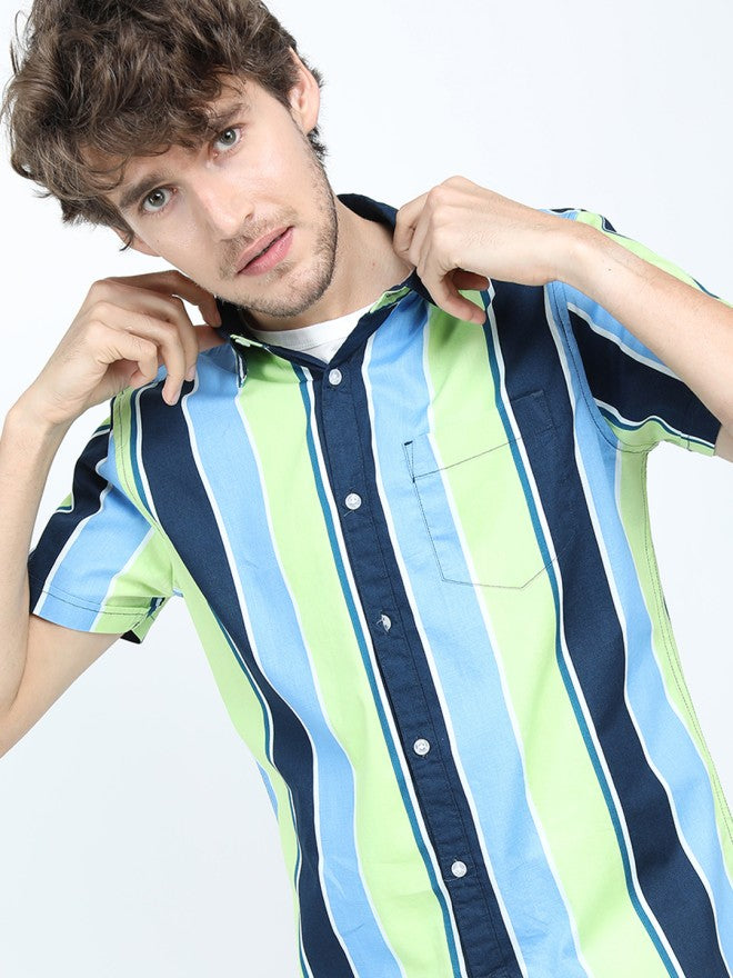 Highlander Men Blue Striped Slim Fit Casual Shirt - Blue - Image 1