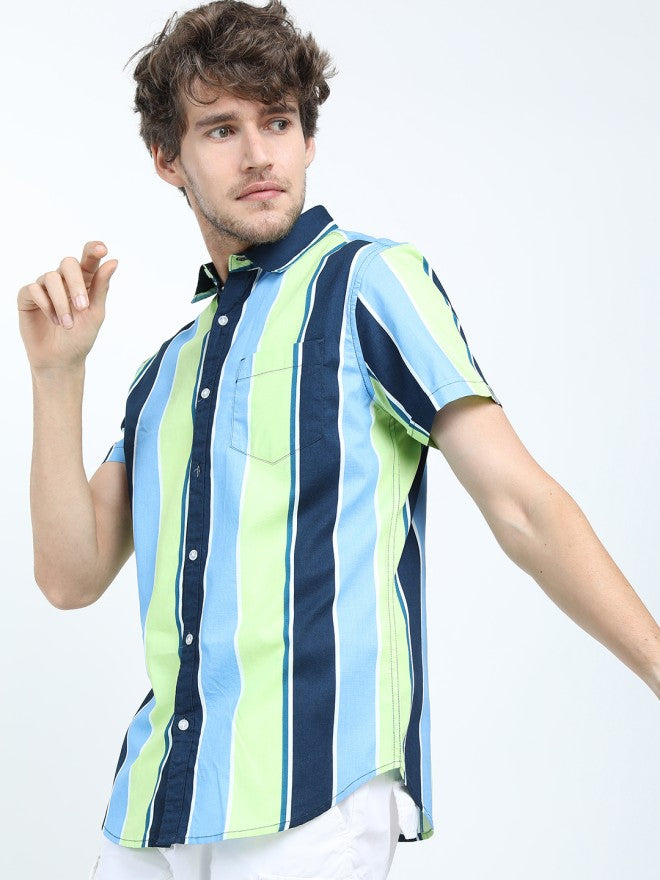Highlander Men Blue Striped Slim Fit Casual Shirt - Blue - Image 4