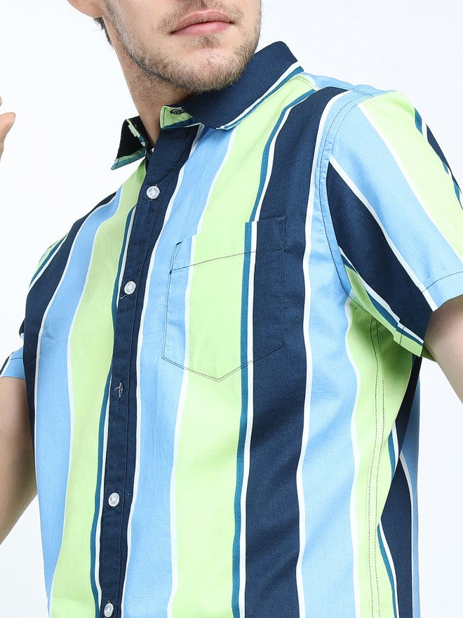 Highlander Men Blue Striped Slim Fit Casual Shirt - Blue - Image 5