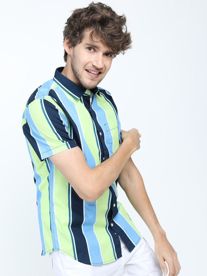 Highlander Men Blue Striped Slim Fit Casual Shirt - Blue - Image 6