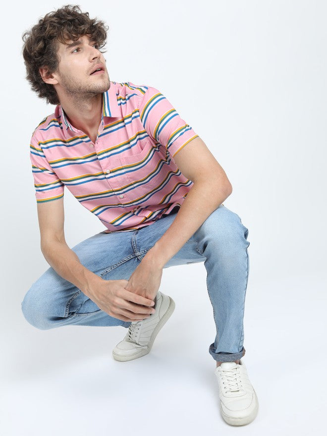 Highlander Men Pink Striped Slim Fit Casual Shirt - Pink - Image 2