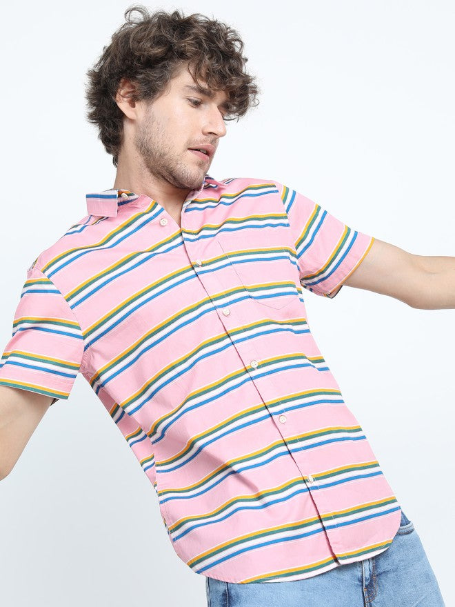 Highlander Men Pink Striped Slim Fit Casual Shirt - Pink - Image 3
