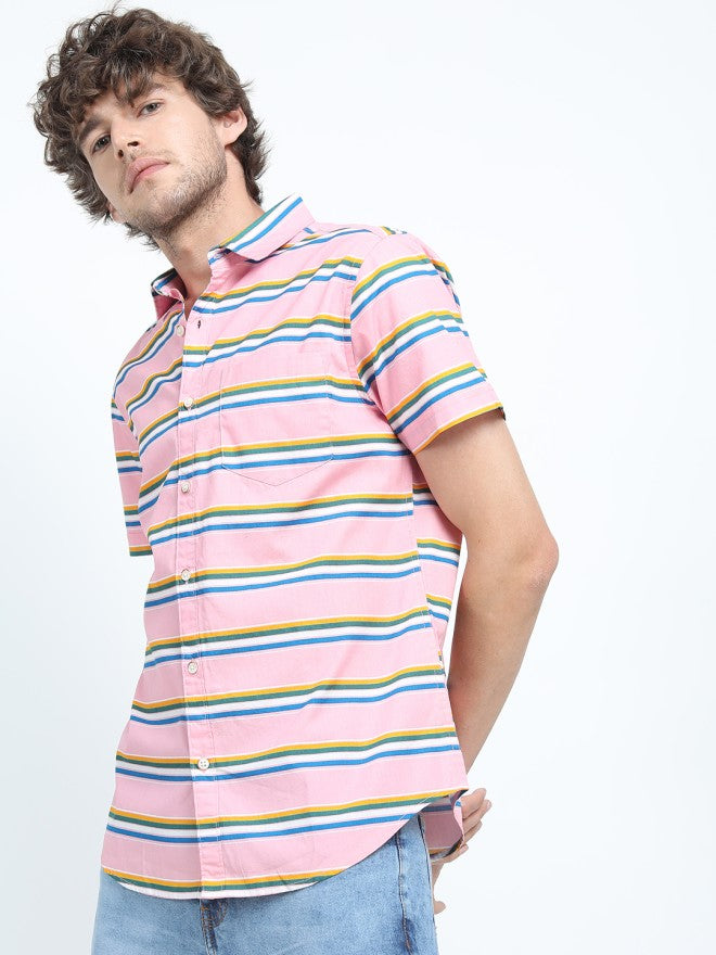 Highlander Men Pink Striped Slim Fit Casual Shirt - Pink - Image 5