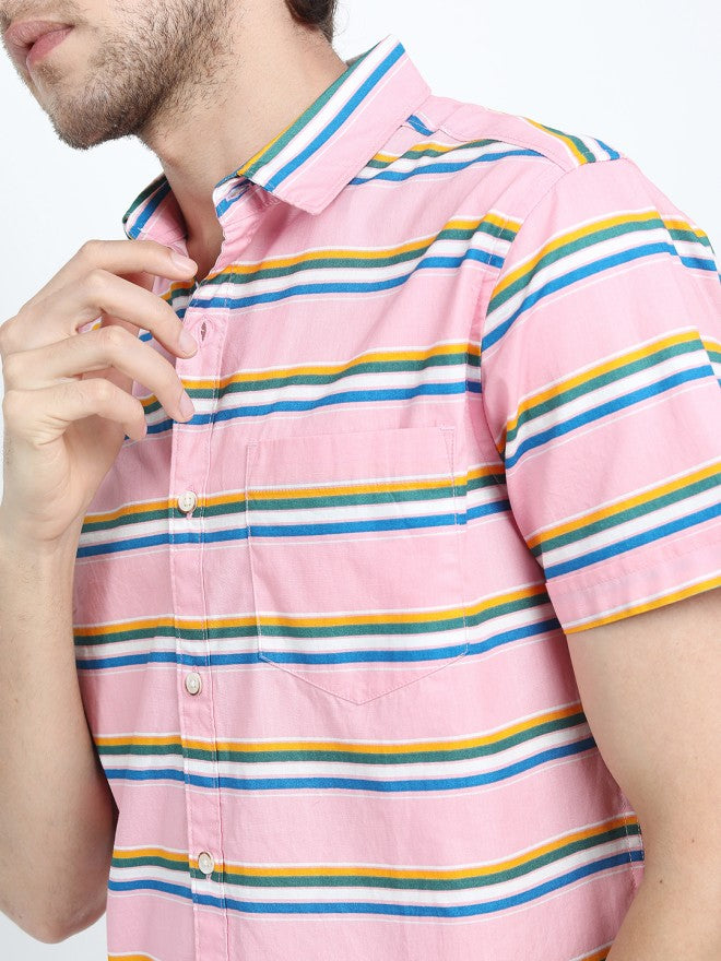 Highlander Men Pink Striped Slim Fit Casual Shirt - Pink - Image 7