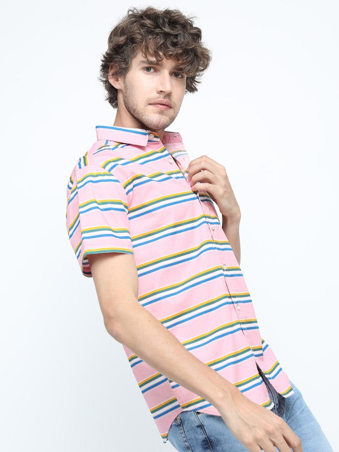 Highlander Men Pink Striped Slim Fit Casual Shirt - Pink - Image 8