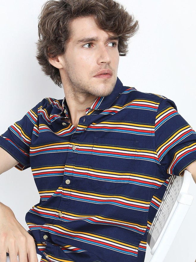 Highlander Men Navy Blue Striped Slim Fit Casual Shirt - Navy Blue - Image 1