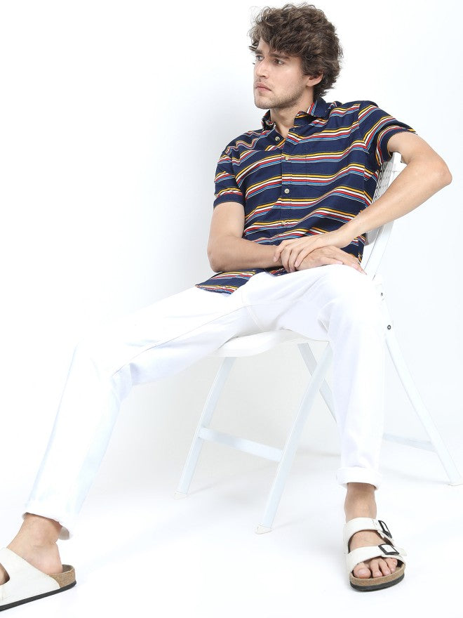 Highlander Men Navy Blue Striped Slim Fit Casual Shirt - Navy Blue - Image 2