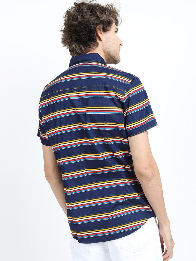 Highlander Men Navy Blue Striped Slim Fit Casual Shirt - Navy Blue - Image 3