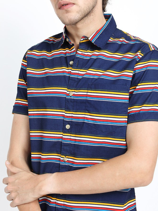 Highlander Men Navy Blue Striped Slim Fit Casual Shirt - Navy Blue - Image 4