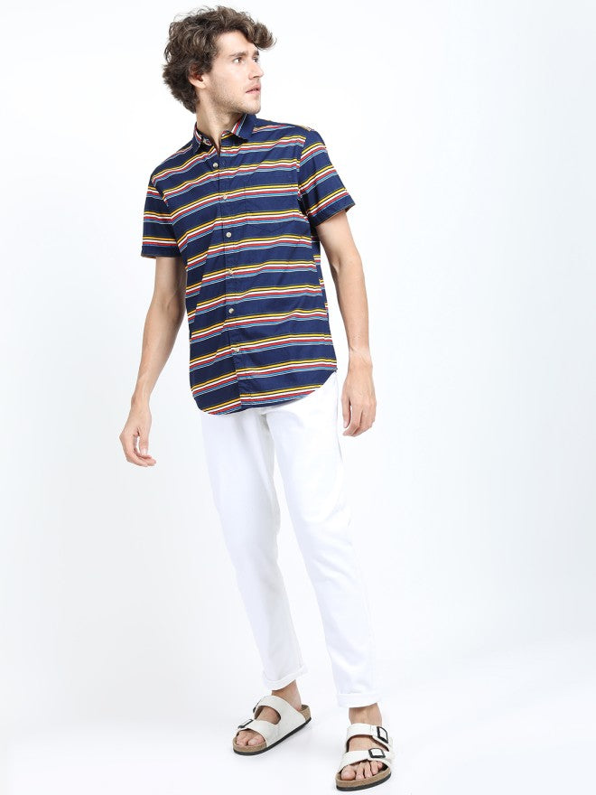 Highlander Men Navy Blue Striped Slim Fit Casual Shirt - Navy Blue - Image 5