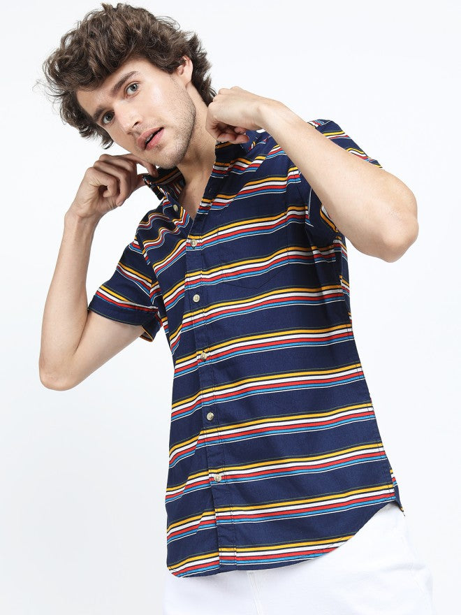 Highlander Men Navy Blue Striped Slim Fit Casual Shirt - Navy Blue - Image 6