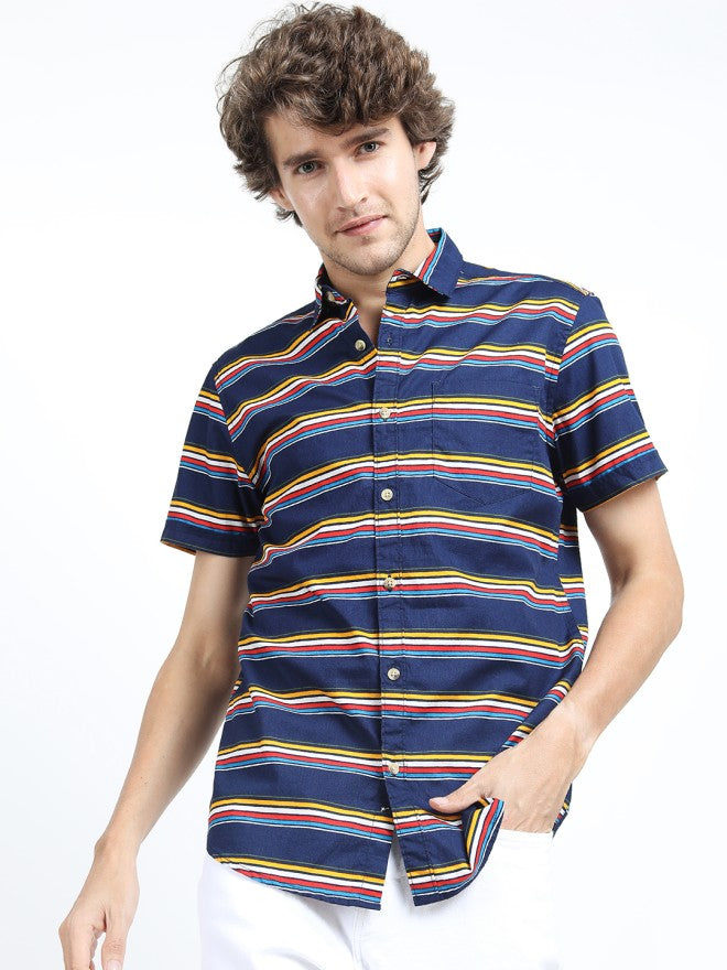 Highlander Men Navy Blue Striped Slim Fit Casual Shirt - Navy Blue - Image 7