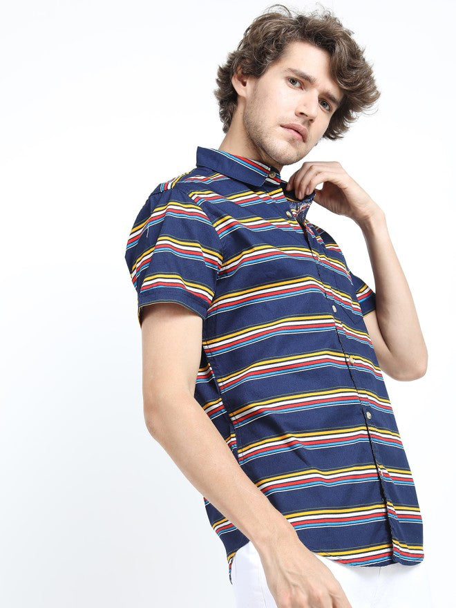 Highlander Men Navy Blue Striped Slim Fit Casual Shirt - Navy Blue - Image 8
