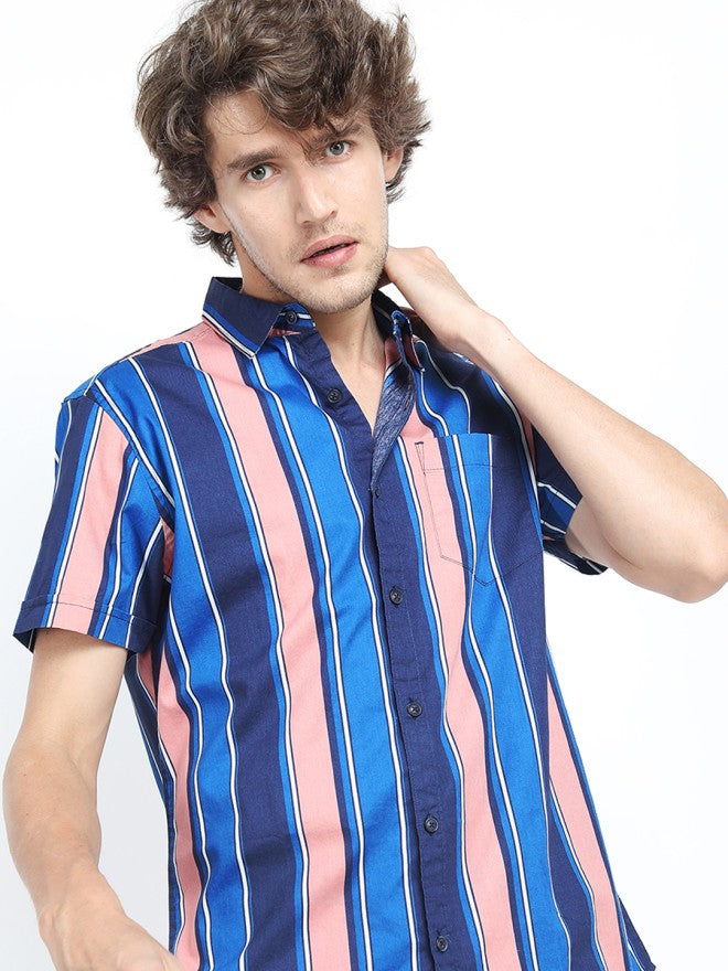 Highlander Men Blue Striped Slim Fit Casual Shirt - Blue - Image 1