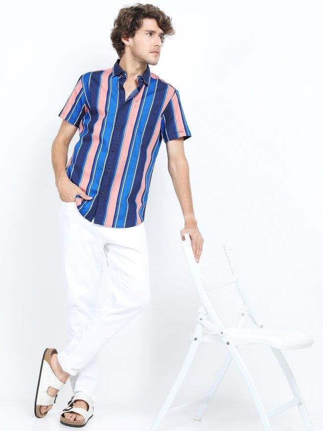 Highlander Men Blue Striped Slim Fit Casual Shirt - Blue - Image 2