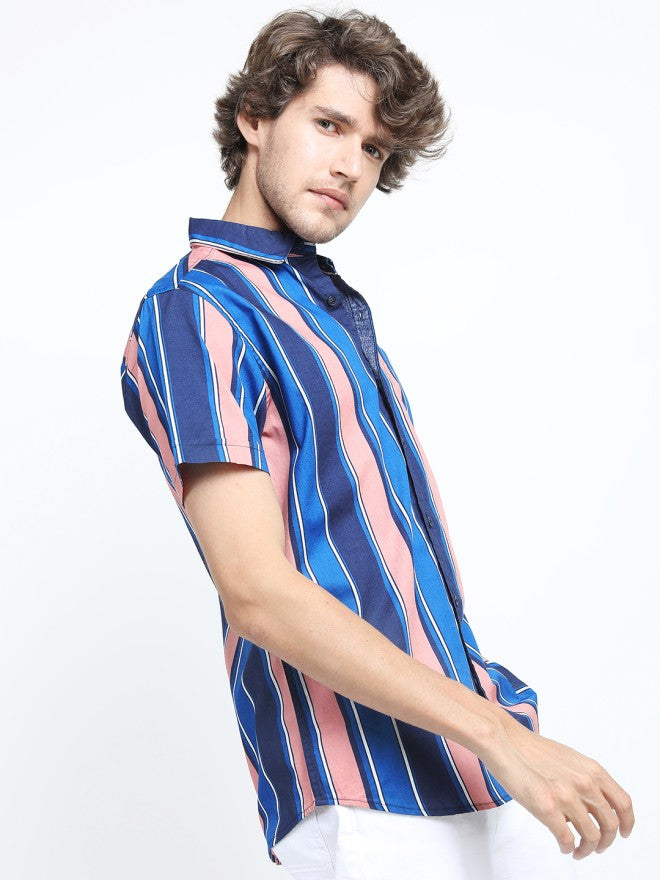 Highlander Men Blue Striped Slim Fit Casual Shirt - Blue - Image 6