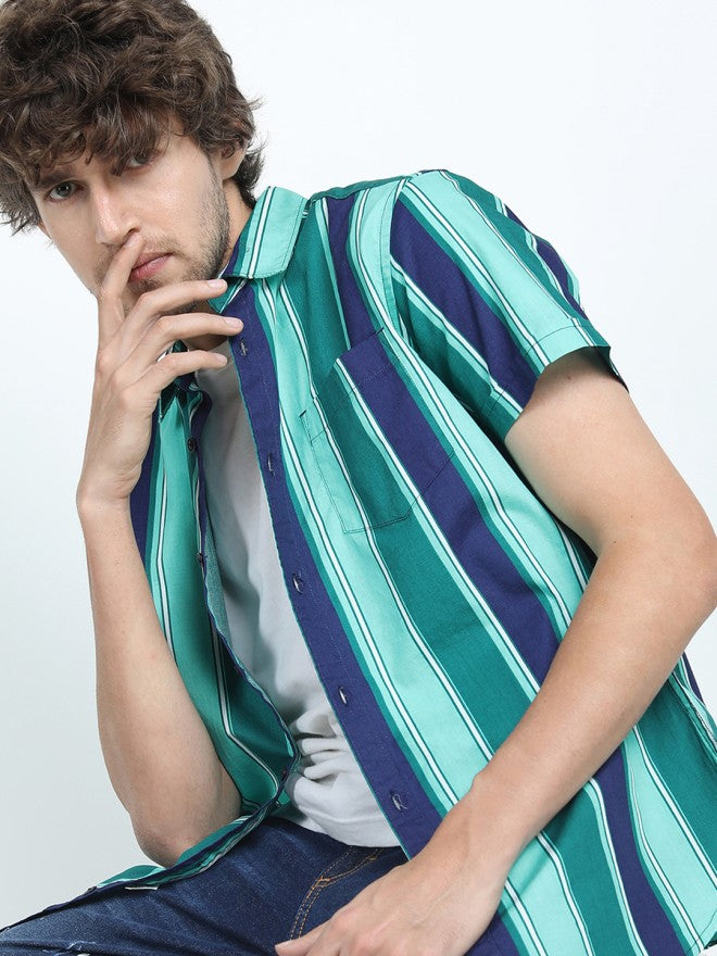 Highlander Men Green Striped Slim Fit Casual Shirt - Green - Image 1