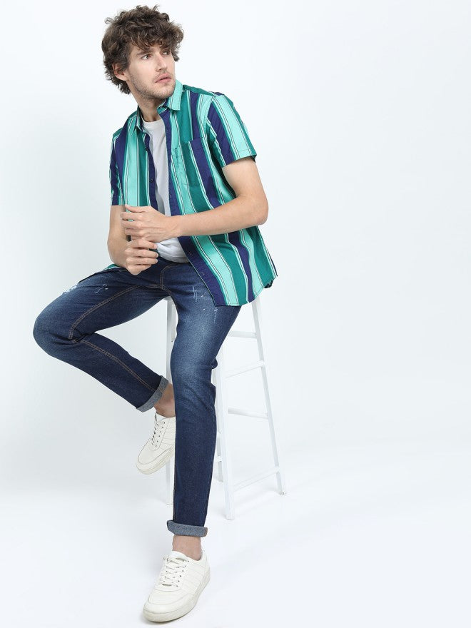 Highlander Men Green Striped Slim Fit Casual Shirt - Green - Image 2