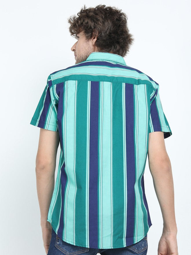 Highlander Men Green Striped Slim Fit Casual Shirt - Green - Image 3