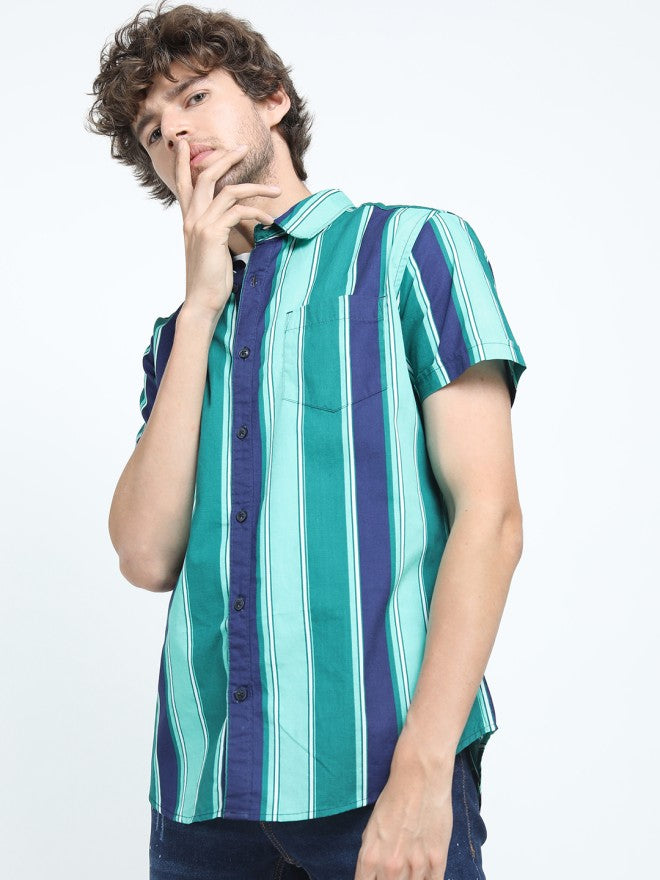 Highlander Men Green Striped Slim Fit Casual Shirt - Green - Image 4
