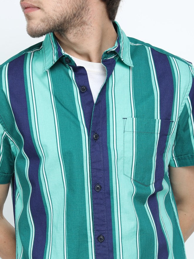 Highlander Men Green Striped Slim Fit Casual Shirt - Green - Image 5