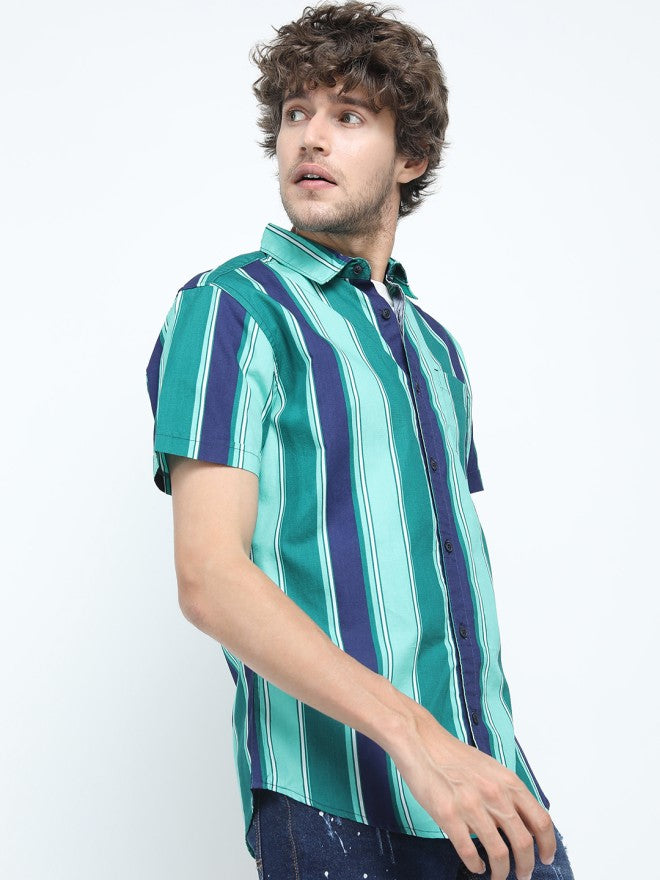 Highlander Men Green Striped Slim Fit Casual Shirt - Green - Image 6