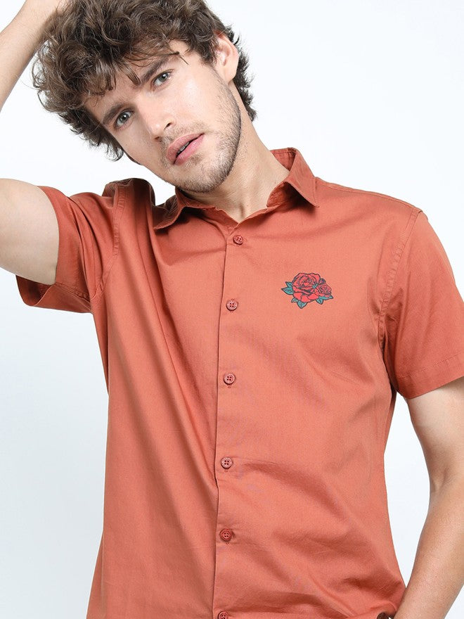 Highlander Men Rust Solid Slim Fit Casual Shirt - Rust - Image 1