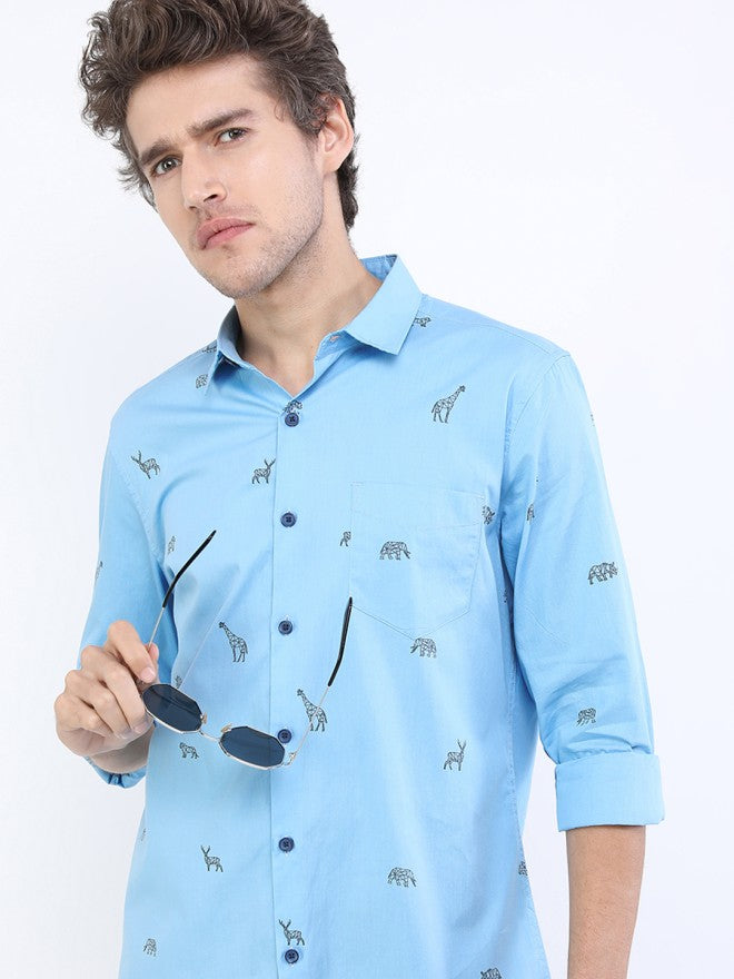 Highlander Men Blue Printed Slim Fit Casual Shirt - Blue - Image 1