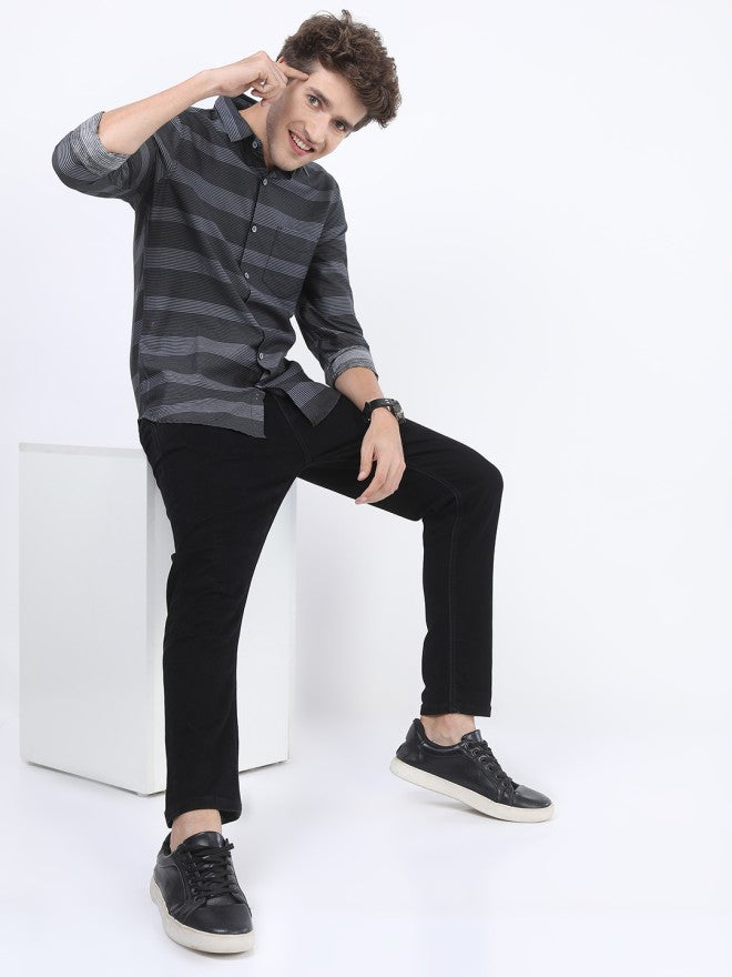 Highlander Men Black Striped Slim Fit Casual Shirt - Black - Image 2