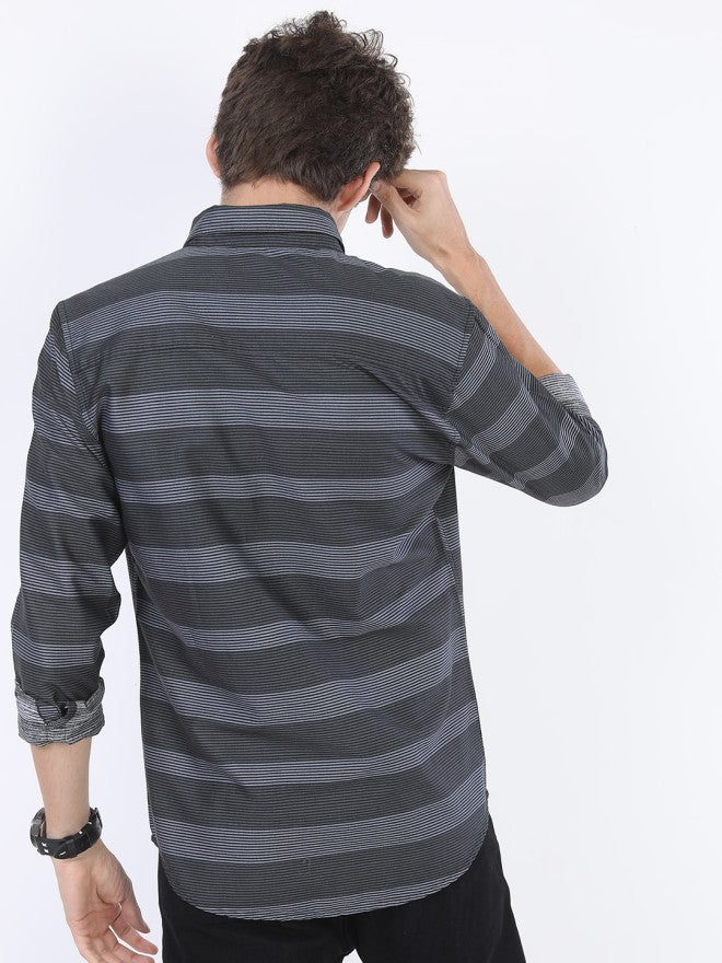 Highlander Men Black Striped Slim Fit Casual Shirt - Black - Image 3