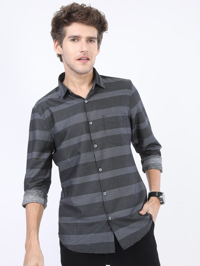 Highlander Men Black Striped Slim Fit Casual Shirt - Black - Image 4