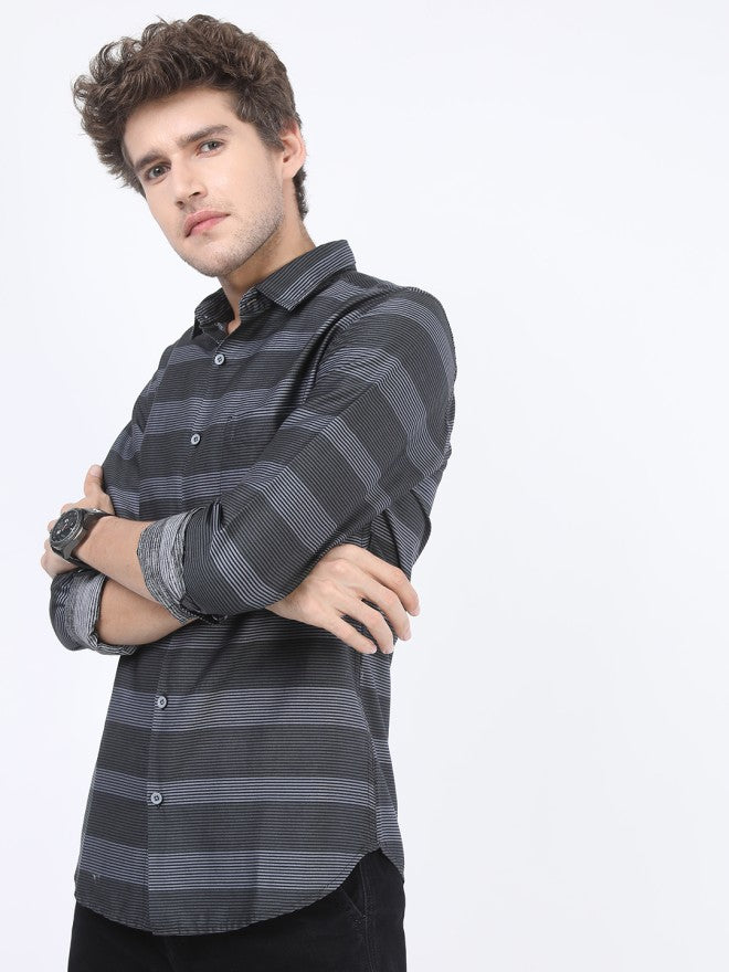 Highlander Men Black Striped Slim Fit Casual Shirt - Black - Image 6