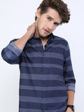 Highlander Men Navy Blue Striped Slim Fit Casual Shirt - Navy Blue - Image 1