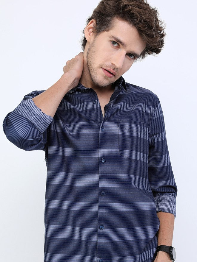 Highlander Men Navy Blue Striped Slim Fit Casual Shirt - Navy Blue - Image 1