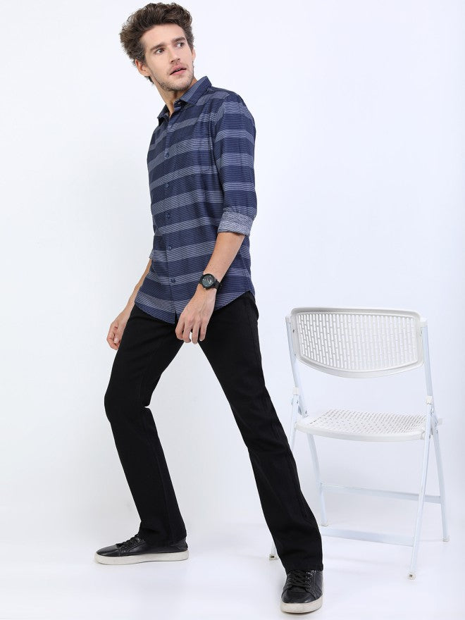 Highlander Men Navy Blue Striped Slim Fit Casual Shirt - Navy Blue - Image 2