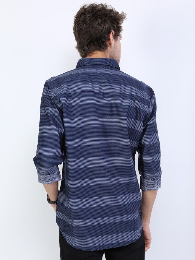 Highlander Men Navy Blue Striped Slim Fit Casual Shirt - Navy Blue - Image 3