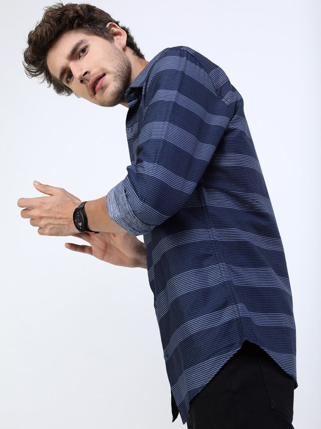 Highlander Men Navy Blue Striped Slim Fit Casual Shirt - Navy Blue - Image 4