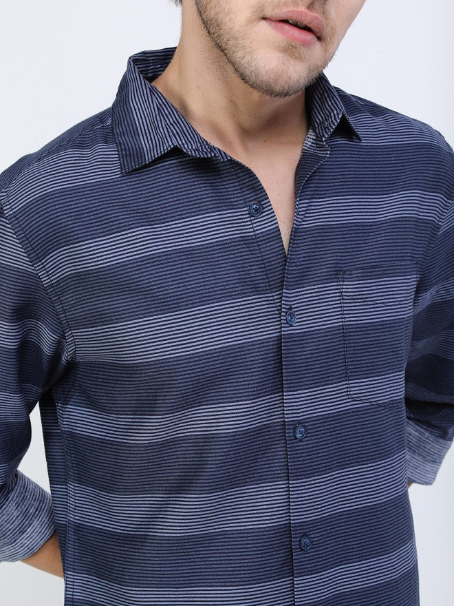 Highlander Men Navy Blue Striped Slim Fit Casual Shirt - Navy Blue - Image 5