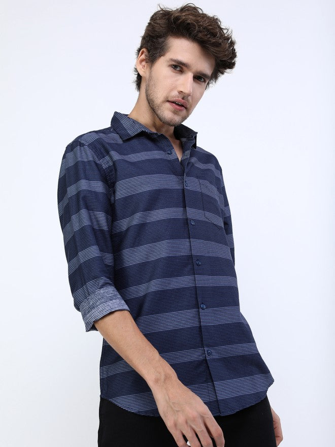 Highlander Men Navy Blue Striped Slim Fit Casual Shirt - Navy Blue - Image 6