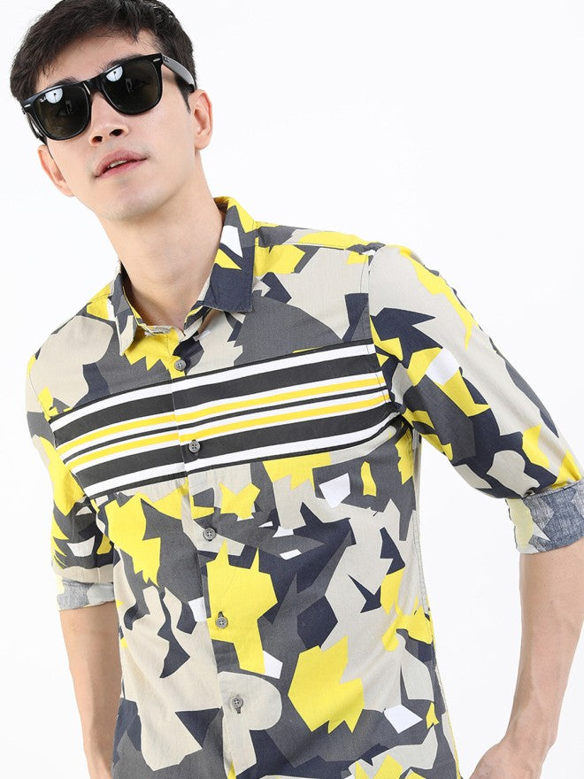 Highlander Men Khaki Printed Slim Fit Casual Shirt - Khaki - Image 1