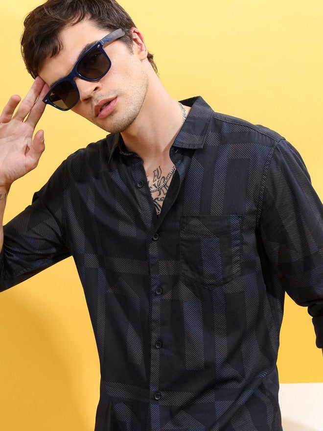 Highlander Men Grey Printed Slim Fit Casual Shirt - Grey - Image 1