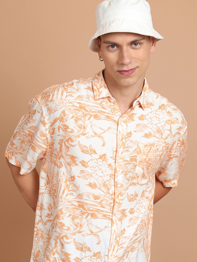 Highlander Men Orange Printed Slim Fit Casual Shirt - Orange - Image 1
