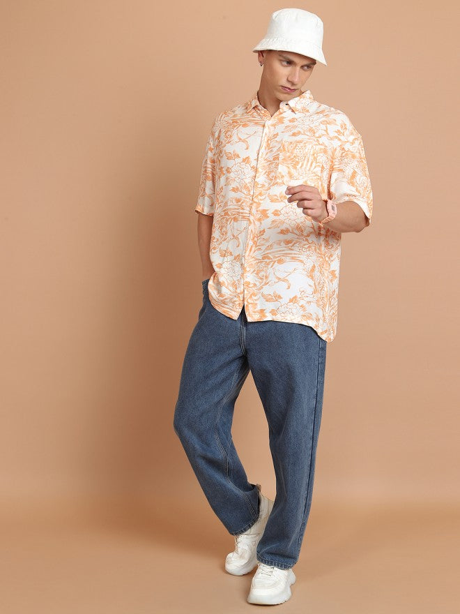 Highlander Men Orange Printed Slim Fit Casual Shirt - Orange - Image 2